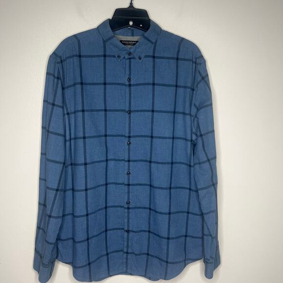 Banana Republic Luxe Flannel Camden Fit Blue Plaid Long Sleeve Men L Button Down - Picture 1 of 12